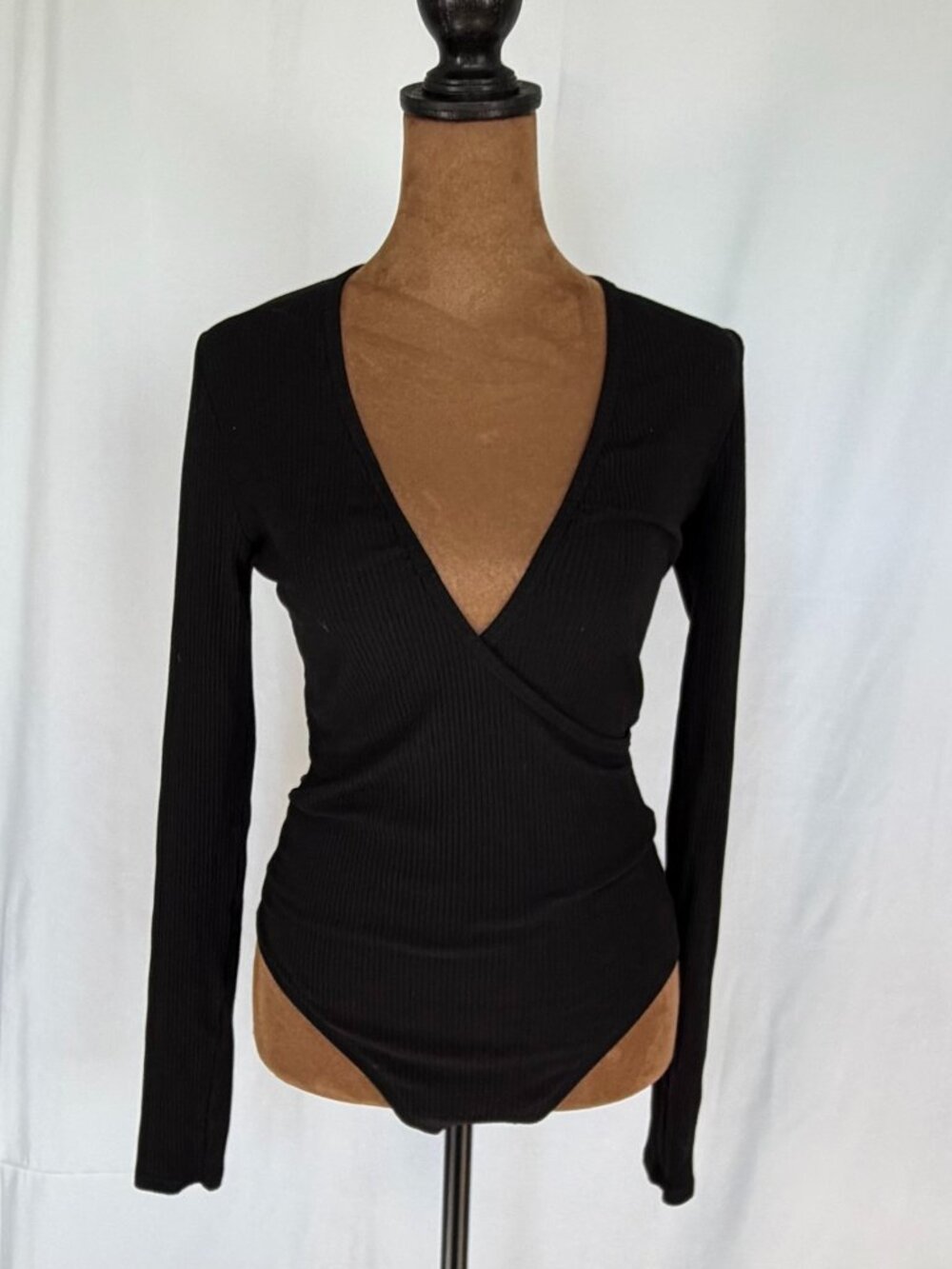 Reformation Black Ribbed Deep V Wrap Long Sleeve Thong Bodysuit Sz S